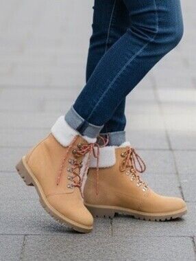 Timberland Kinsley Leather Wheat Tan Lace-Up Ankle Boots With Faux Fur Collar